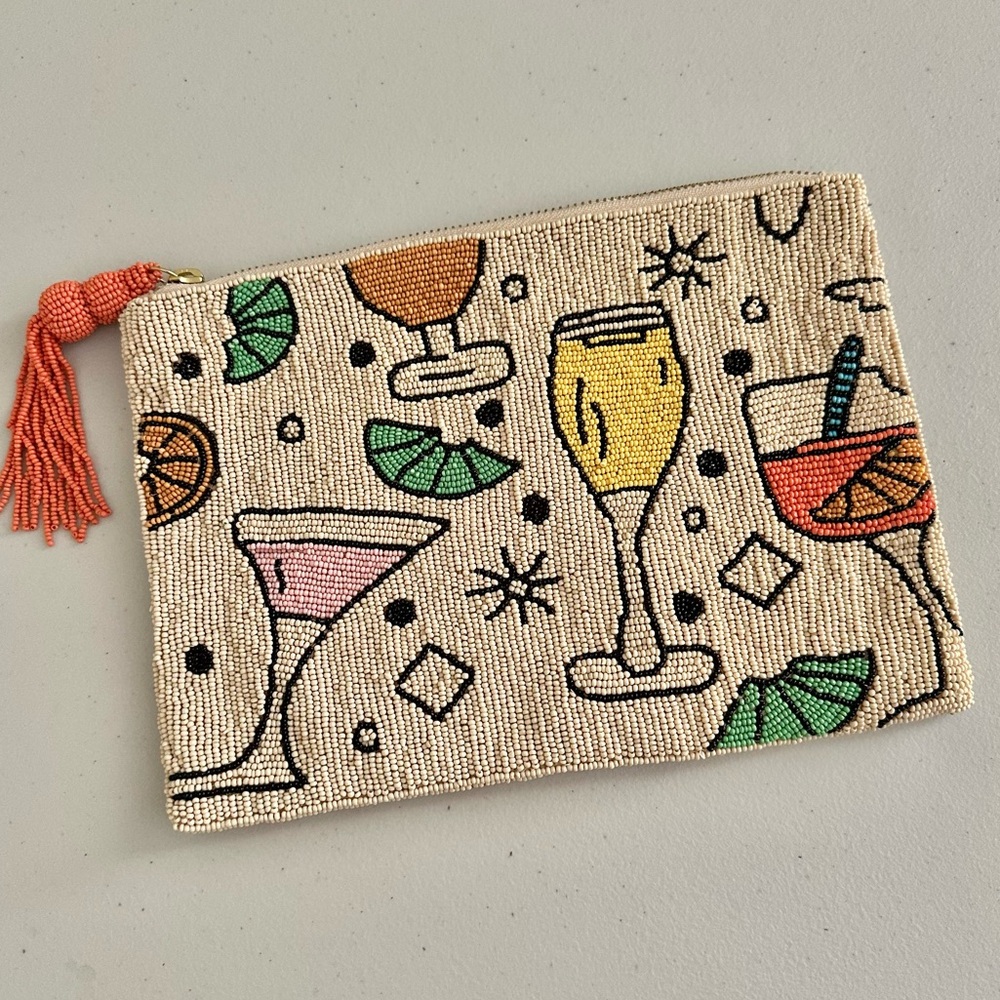 Anthropologie The Fiona Large Beaded Bag Pouch Clutch Tassel Retro Chic NWOT